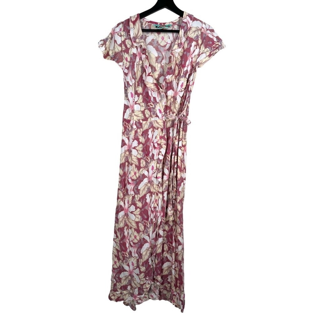 Rainbow Jo Floral Wrap‎ Maxi Dress Ruffle-Trim Hawaiian Pink Combo Size S